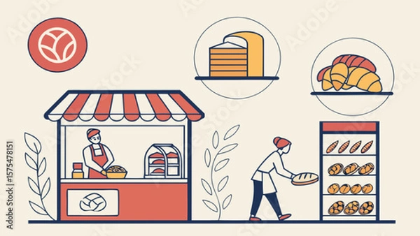 Fototapeta Bakery shop with fresh bread and pastries vector illustration perfect for bakery store marketing and design needs