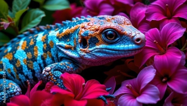 Fototapeta the image features a colorfully rendered reptile as the main subject, nestled among vibrant floral arrangements, the animal exhibits a striking palette