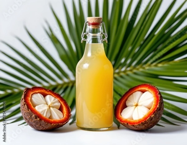 Fototapeta the still life image features a clear glass bottle filled with a yellow liquid and sealed with a tan stopper, positioned centrally
