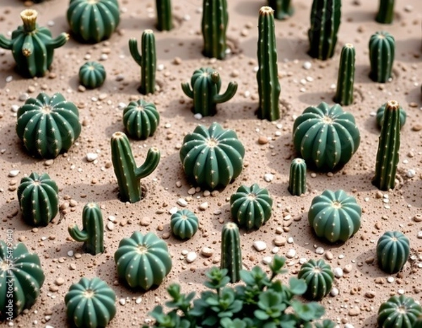 Fototapeta the image presents a collection of cacti arranged on a granular surface, the cacti vary in size and shape, some tall and columnar, others round and globular