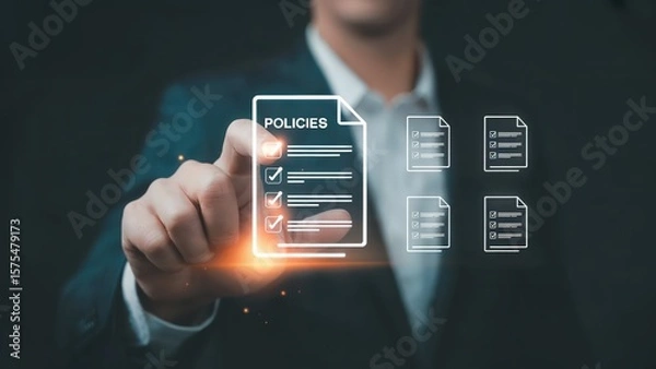 Fototapeta A businessman is viewing company policies and regulatory compliance online.
