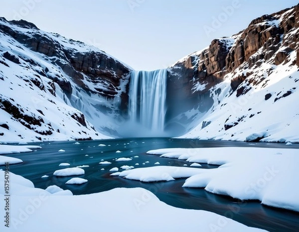 Fototapeta the image captures a majestic winter landscape, the main subject is a waterfall cascading into a partially frozen lake, the waterfall is framed by rocky cliffs on either side