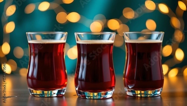Fototapeta the image focuses on three glass receptacles, each is filled with a dark liquid, the leftmost container appears to hold a beverage of a reddish brown hue
