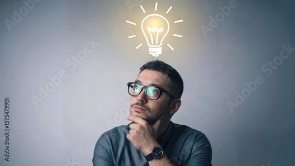 Fototapeta Man is thinking with a lightbulb above, concept of idea and innovation