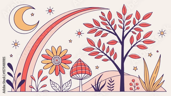 Fototapeta Retro illustration of nature landscape with rainbow moon and stars vector graphic design drawing art 1970s