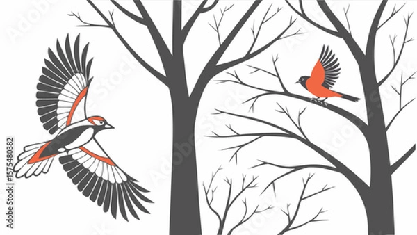 Fototapeta Birds in winter trees vector illustration with flying bird and perched bird on branch in forest scene