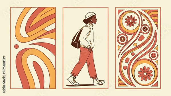 Fototapeta Retro art print set with woman walking and abstract floral patterns vintage style home decor illustration