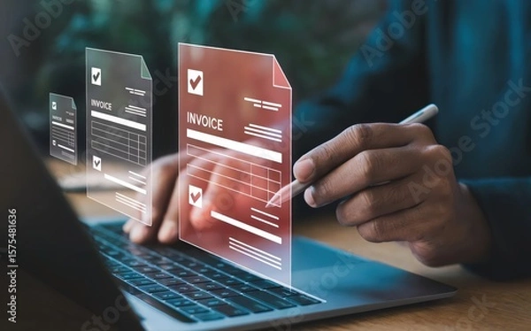 Fototapeta Person reviews digital invoices with a stylus for streamlined financial workflows