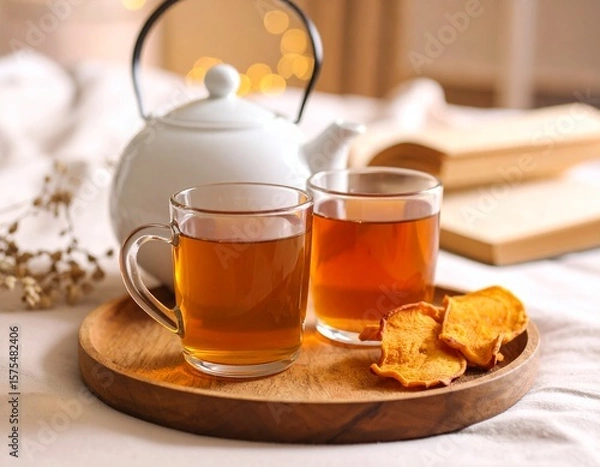 Obraz 허브차와 건망고로 즐기는 따뜻한 티타임 Cozy Tea Time with Herbal Tea and Dried Mango