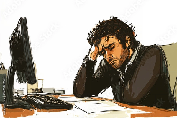 Fototapeta color sketch of a sad employee staying late and sad in the office, white background, art