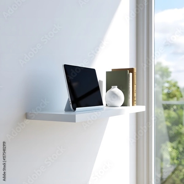 Obraz Minimalist shelf with tablet and decorative objects vase books