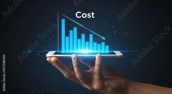 Fototapeta Emerging hand displaying azure cost graph on sleek mobile screen glowing bright against a moody dark backdrop a tech