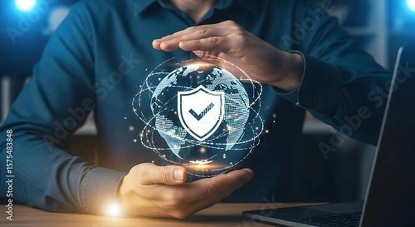 Fototapeta Luminescent digital globe with a bold checkmark shield embraced by hands representing digital security and protection in