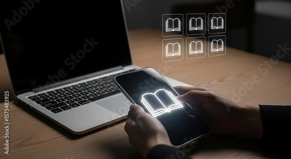 Fototapeta Luminous book glows on a sleek phone held over warm wood next to a cool laptop under soft digital library a modern