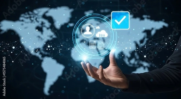 Fototapeta A gentle palm cradling futuristic blue icons shimmering with a soft glow against a dark world map radiating connection