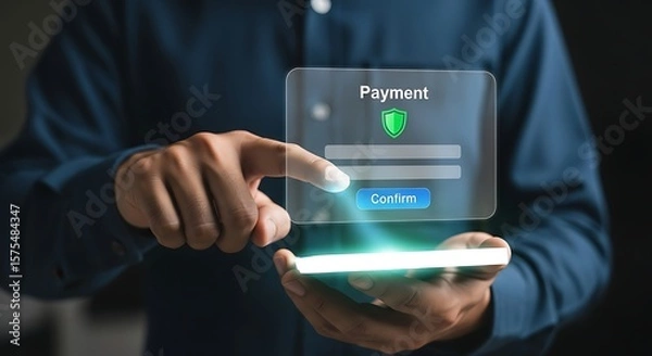 Fototapeta Digital payment transaction person making online purchase with blue confirm button modern technology secure online