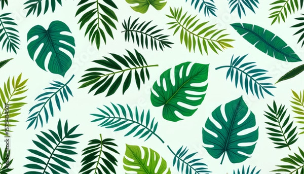 Fototapeta Tropical green leaves arranged on a light background in a pattern  
