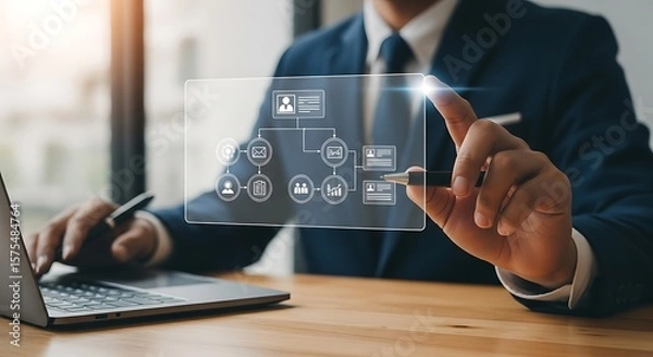 Fototapeta Business executive in deep blue suit navigating a holographic organizational chart with focused precision on a bright