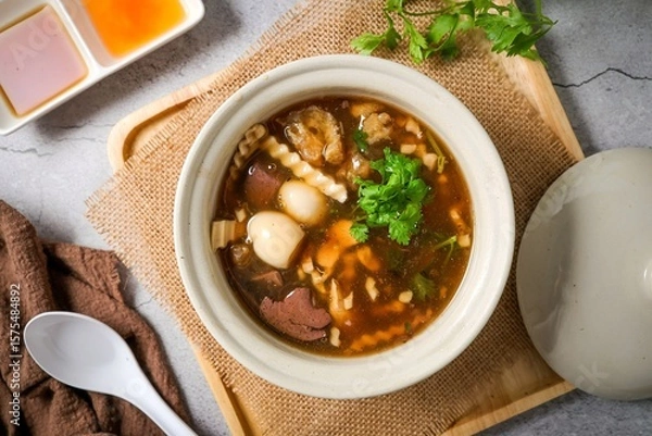 Obraz fish maw soup in a white bowl on grey background	