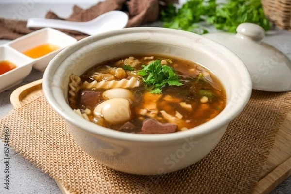 Obraz fish maw soup in a white bowl on grey background	