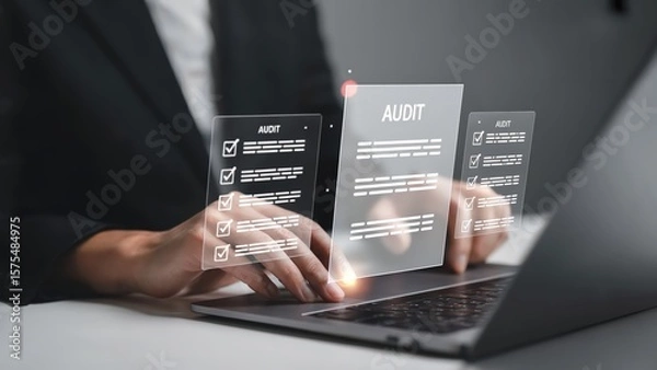 Fototapeta Business professional reviews audit documents on a modern laptop computer.