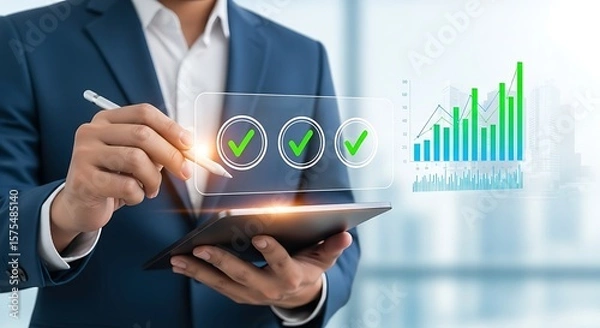 Fototapeta Elegant man crisp blue suit digital pen dances across tablet green check marks glow Charts ascend illuminated by success