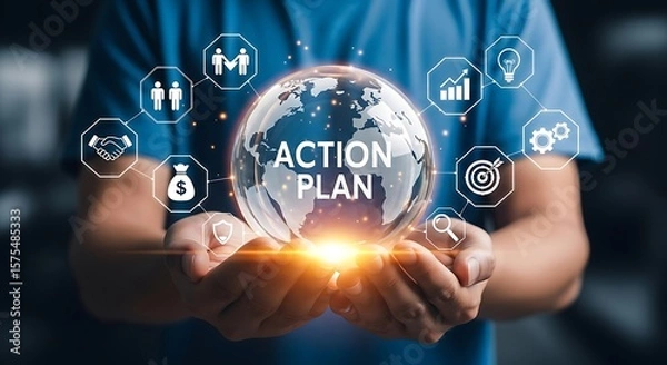 Fototapeta Hands hold a glowing orb with the world map displaying a white Action Plan surrounded by business icons and a powerful