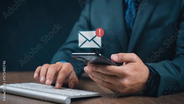 Fototapeta Professional checks email alert on mobile phone with keyboard at desk