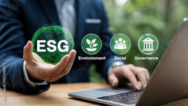 Fototapeta ESG factors illustrated in a business scenario with environment and social impact.