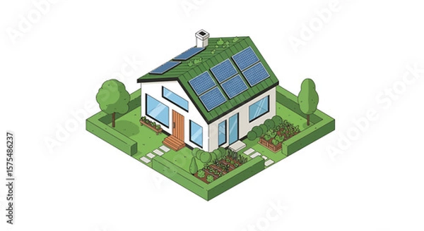 Fototapeta Isometric illustration of a house with solar panels on the roof, surrounded by a garden and trees.