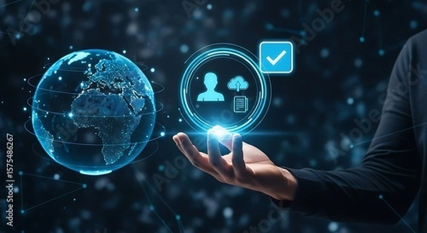 Fototapeta Glistening globe hovers above an open palm digital icons glow creating a luminous web against a dark speckled connected
