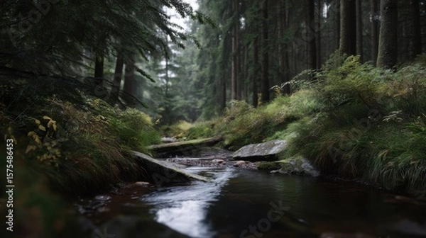 Fototapeta Photo of a small stream in a forest, with dark green vegetation and pine trees.