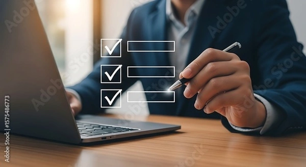 Fototapeta Precision pen hovers above laptop marking digital checklist with focused intensity crisp lines modern efficiency on warm