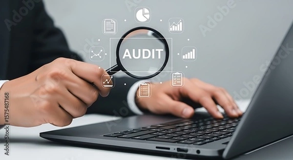 Fototapeta Focused audit A man s hands hover over a laptop a magnifying glass illuminates AUDIT amidst data icons in a modern