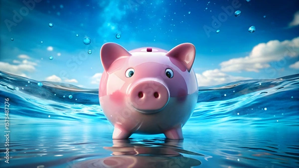 Obraz Piggy Bank in Ocean Waters Under Clear Blue Sky – Surreal Savings