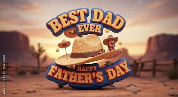 Obraz A festive Best Dad Ever Father s Day celebration in the desert with a straw hat and warm sunset