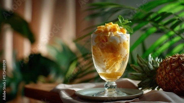 Obraz Refreshing Mango Pineapple Shaved Ice Dessert in Glass
