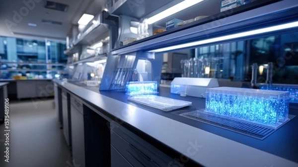 Obraz Modern Laboratory Interior with Blue Illuminated Samples