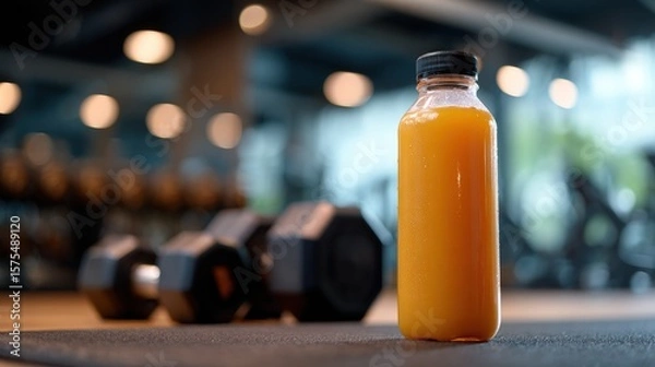 Obraz Orange Juice Bottle in Gym Setting