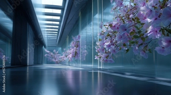 Obraz Pink Cherry Blossoms in a Modern Glass Hallway
