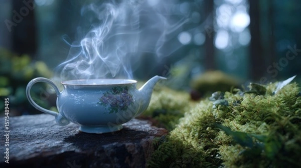 Obraz White Floral Teapot Steaming in a Forest Setting