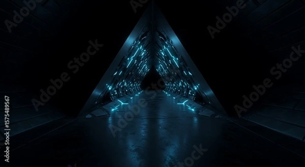 Fototapeta Empty room, dark abstract sci-fi tunnel, Futuristic triangle spaceship corridor.