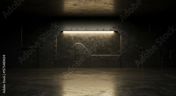 Fototapeta Empty room, Stainless metal industrial matallic dark abstract background for modern design in warm light