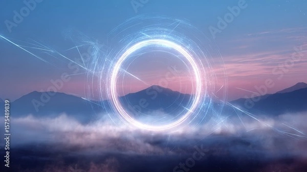 Obraz Glowing Ring Above Misty Mountains at Sunset