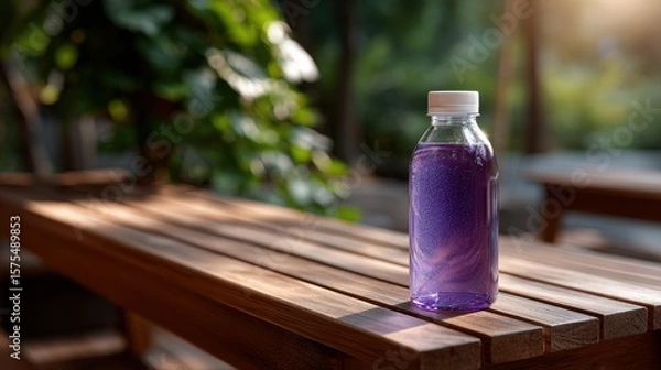 Obraz Purple Sparkling Drink in Bottle on Wooden Table Outdoors