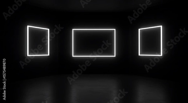 Fototapeta Empty room, Black and white background, room with three light frames, perspective view stage