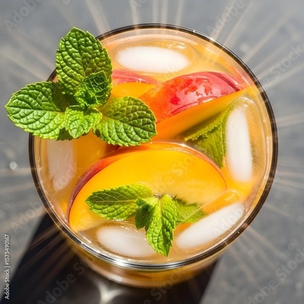 Fototapeta Iced Tea - Peach Slices, Mint, Ice, Refreshing Drink, Summer Beverage, Cool Drink, Healthy Hydration, Top View, Citrus, Natural