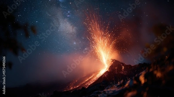Obraz Volcanic Eruption at Night Under Starry Sky