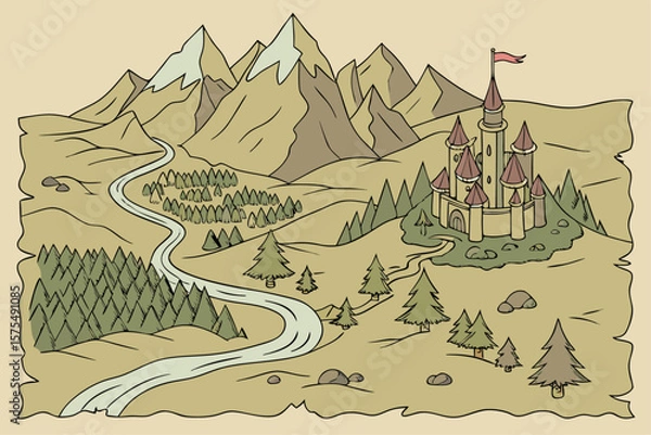 Fototapeta Detailed vector map of a fantasy world with mountains rivers and settlements