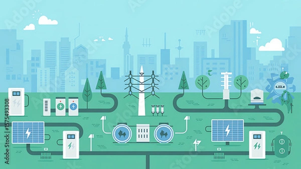 Fototapeta Digital illustration of smart energy grid with renewable power sources, featuring solar panels, wind turbines, electric vehicles, and energy storage systems cityscape setting, emphasizing